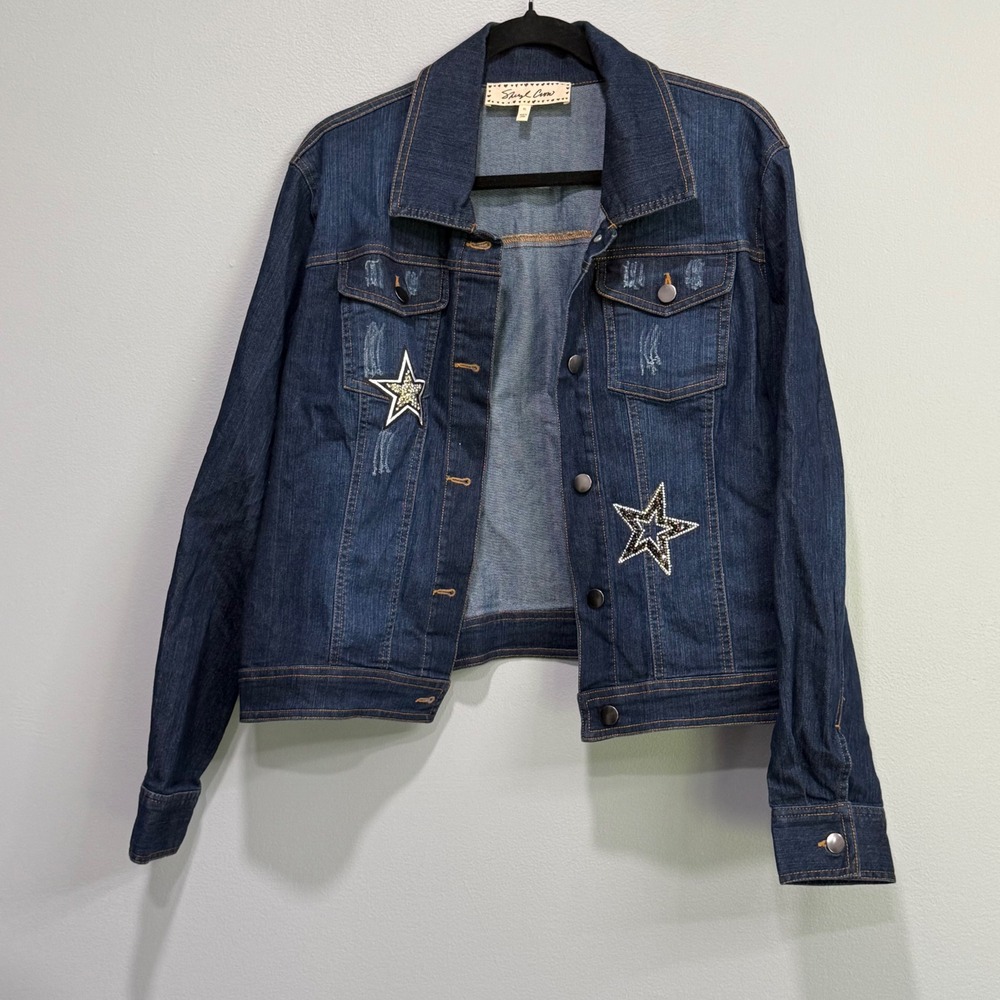 Sheryl Crow Womens Star Beaded Denim Jacket Dark Wash Distressed XL Blue - Picture 2 of 5